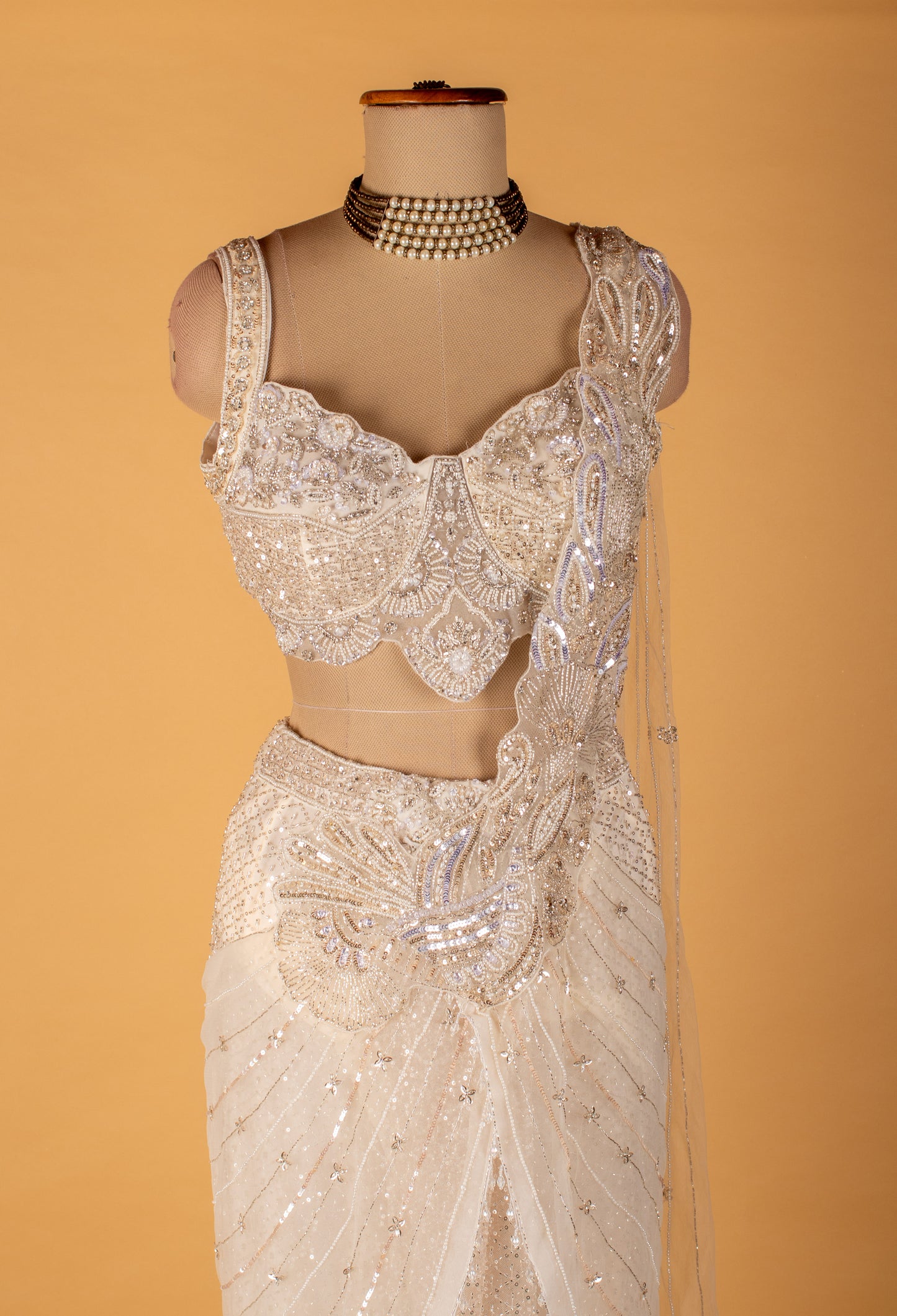 White Crystal-Embellished Drape Saree with Designer Bustier – Premium Bridal & Reception Ready-to-Wear Saree