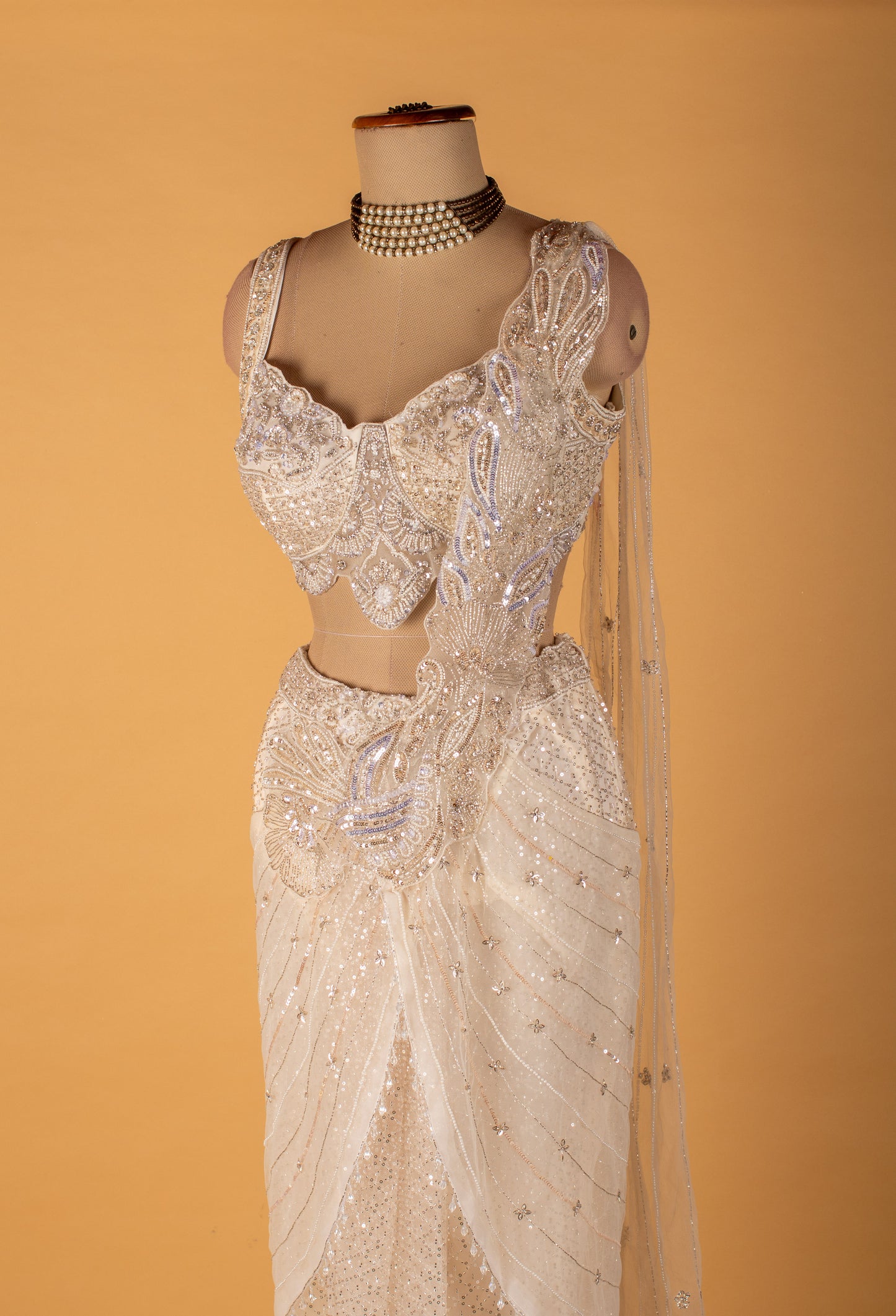 White Crystal-Embellished Drape Saree with Designer Bustier – Premium Bridal & Reception Ready-to-Wear Saree
