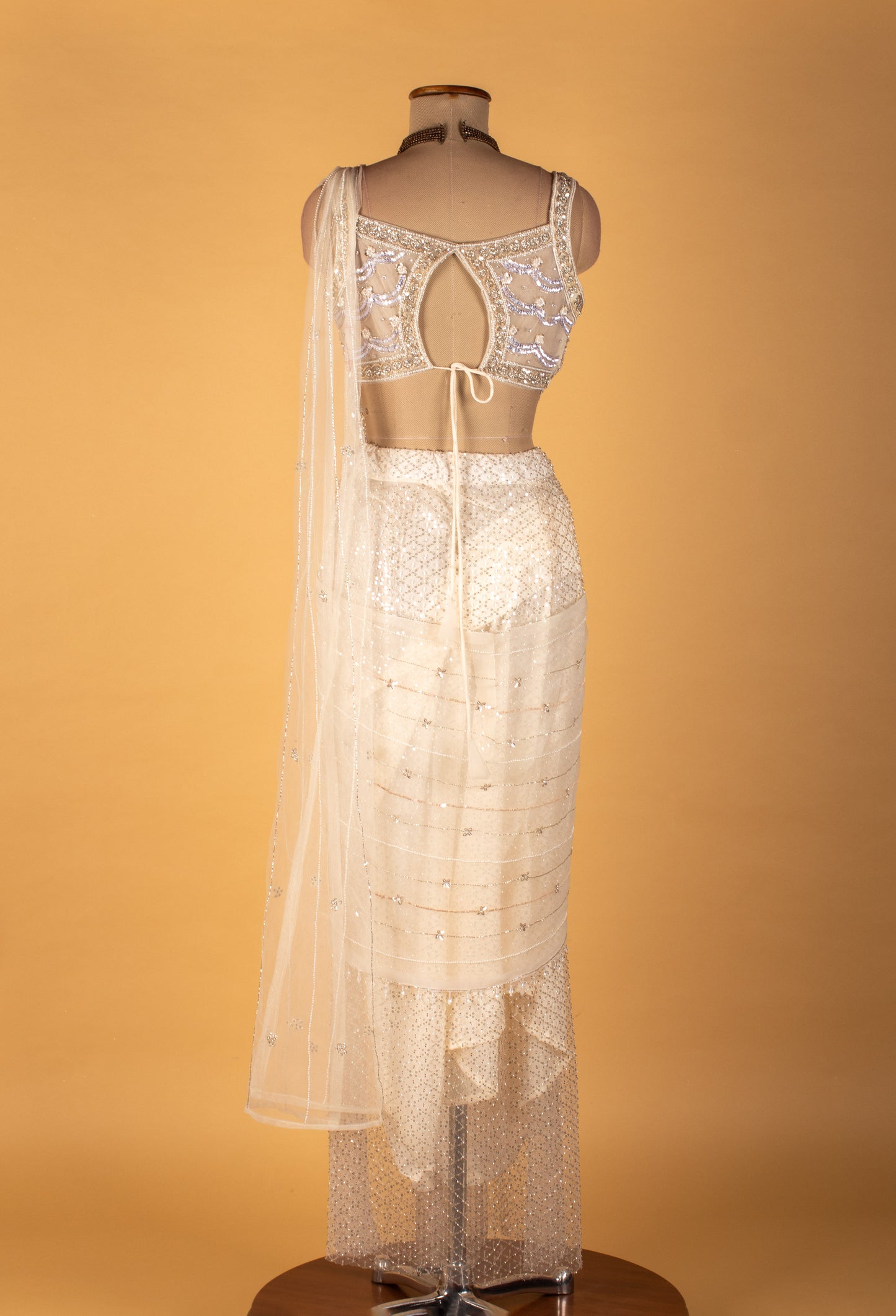 White Crystal-Embellished Drape Saree with Designer Bustier – Premium Bridal & Reception Ready-to-Wear Saree