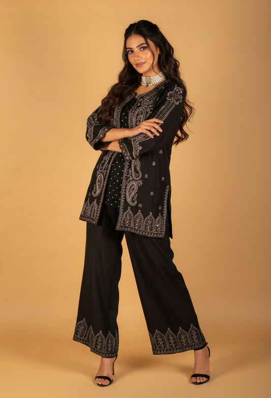 Black Embroidered Straight-Cut Set with Jacket – Premium Party Wear Ethnic Ensemble for Women