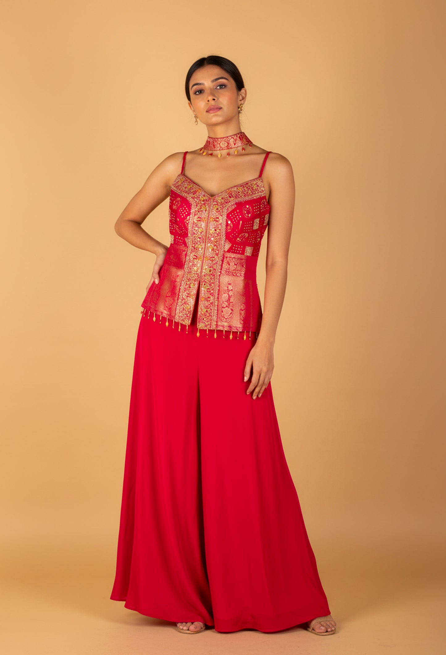 Red Embroidered Sharara Set with Designer Sleeveless Kurti – Festive & Wedding Wear for Women