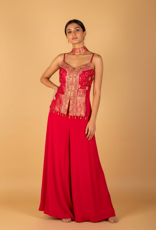 Red Embroidered Sharara Set with Designer Sleeveless Kurti – Festive & Wedding Wear for Women