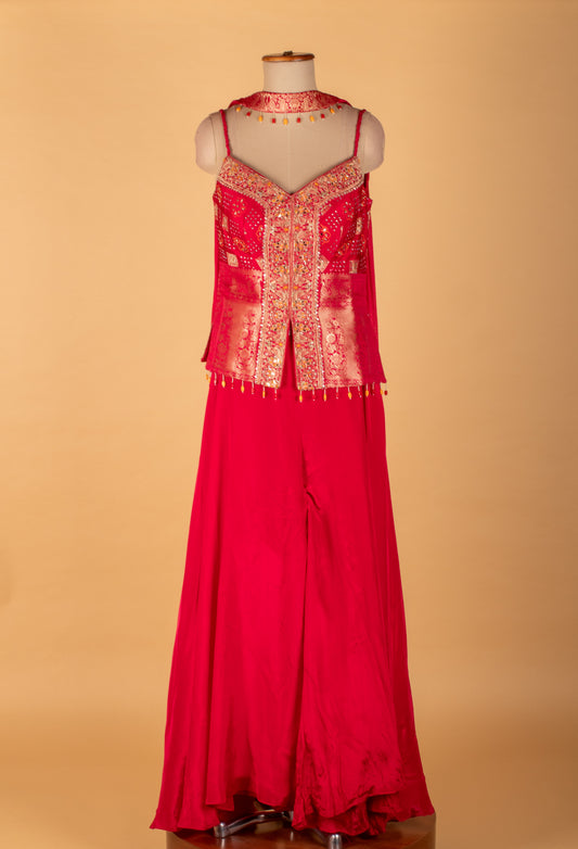 Red embroidered sharara set with sleeveless kurti – product image 2