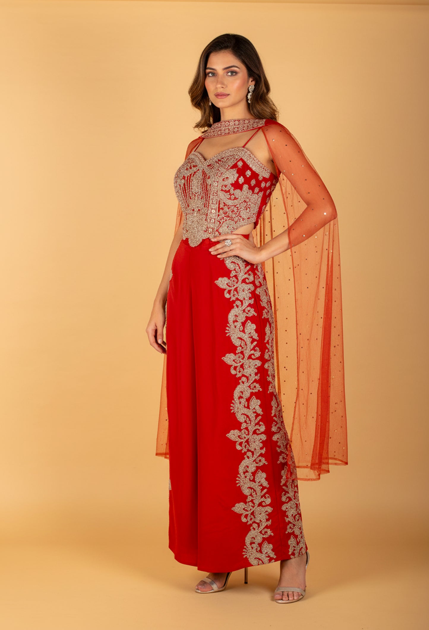 Red Embellished Sharara Jumpsuit with Cape – Designer Party & Wedding Wear for Women