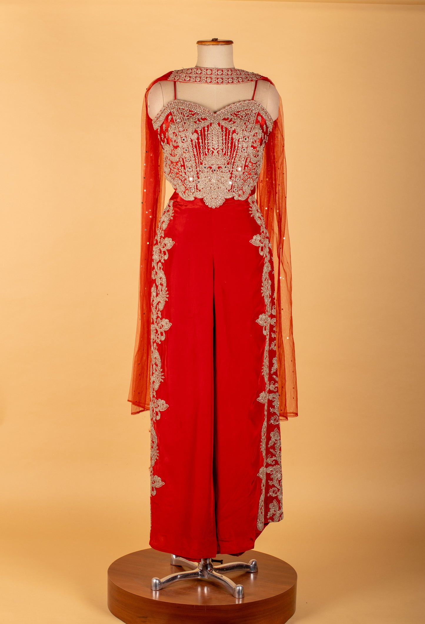 Red Embellished Sharara Jumpsuit with Cape – Designer Party & Wedding Wear for Women