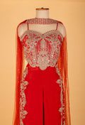 Red Embellished Sharara Jumpsuit with Cape – Designer Party & Wedding Wear for Women