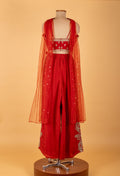 Red Embellished Sharara Jumpsuit with Cape – Designer Party & Wedding Wear for Women