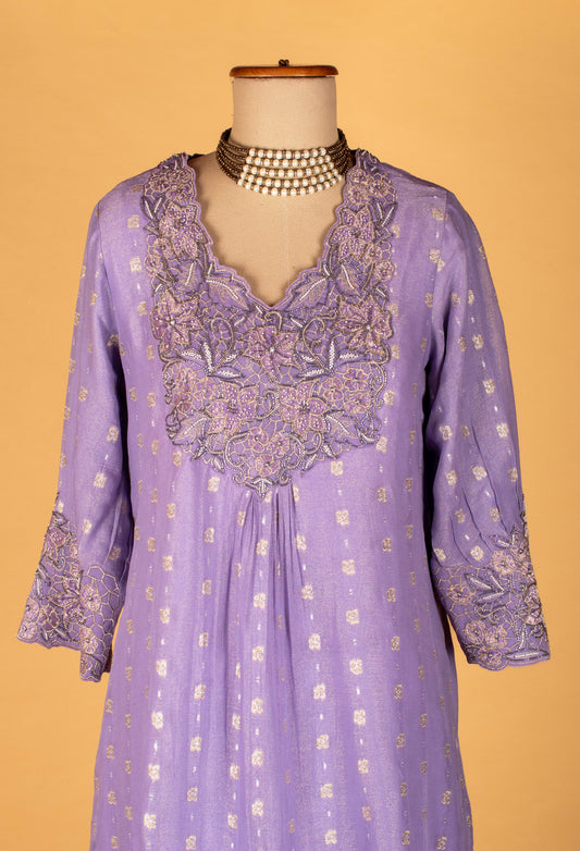 Lavender embroidered straight-cut suit set with dupatta – product image 2