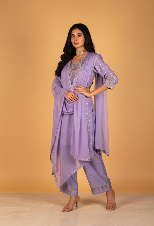 Lavender Embroidered Straight-Cut Suit Set with Dupatta – Elegant Festive & Party Wear for Women