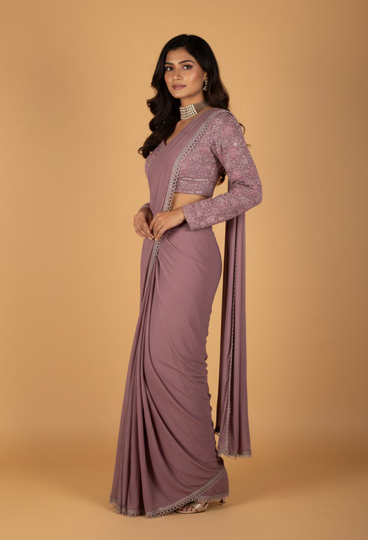 Mauve Embellished Drape Saree with Full-Sleeve Blouse – Elegant Ready-to-Wear Party & Wedding Saree