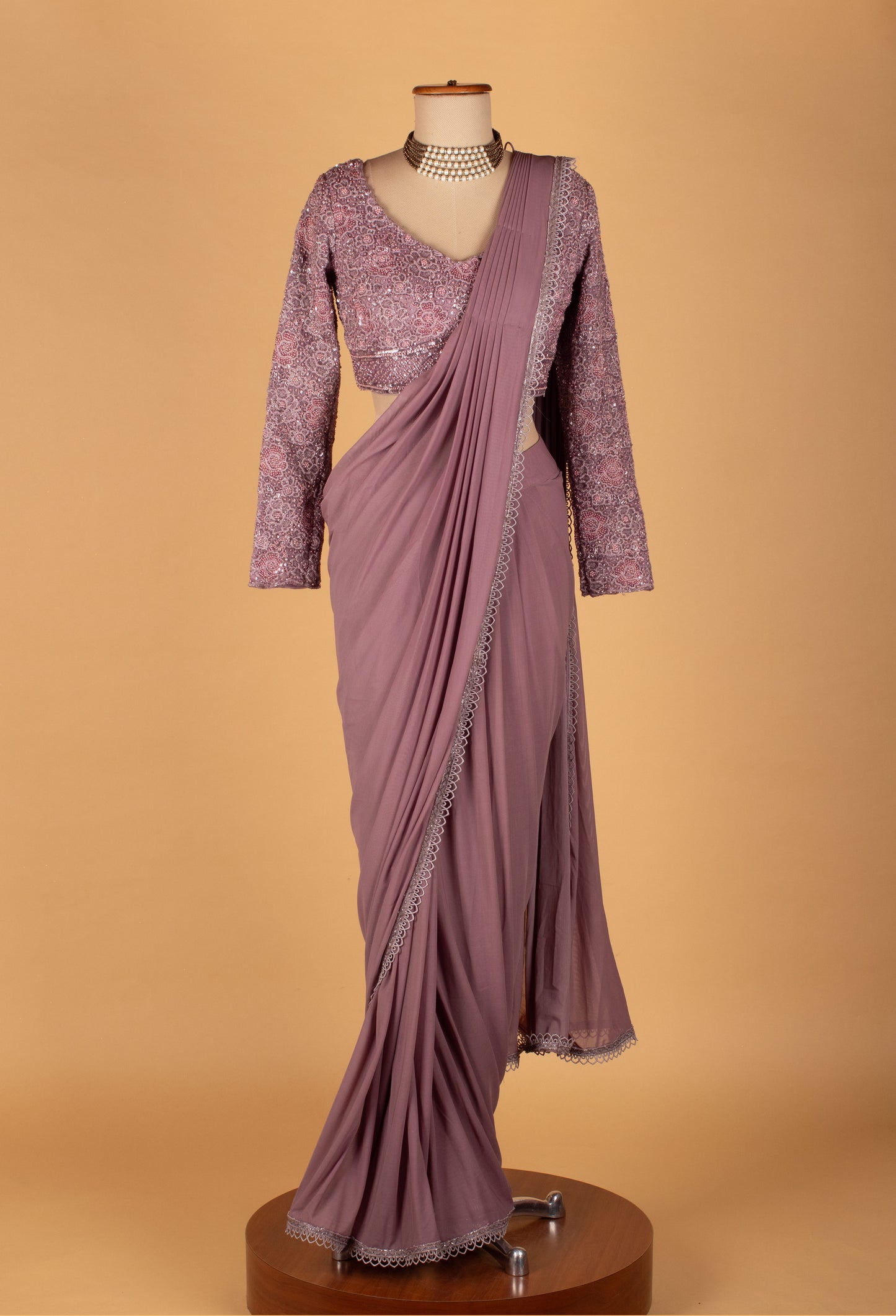 Mauve Embellished Drape Saree with Full-Sleeve Blouse – Elegant Ready-to-Wear Party & Wedding Saree