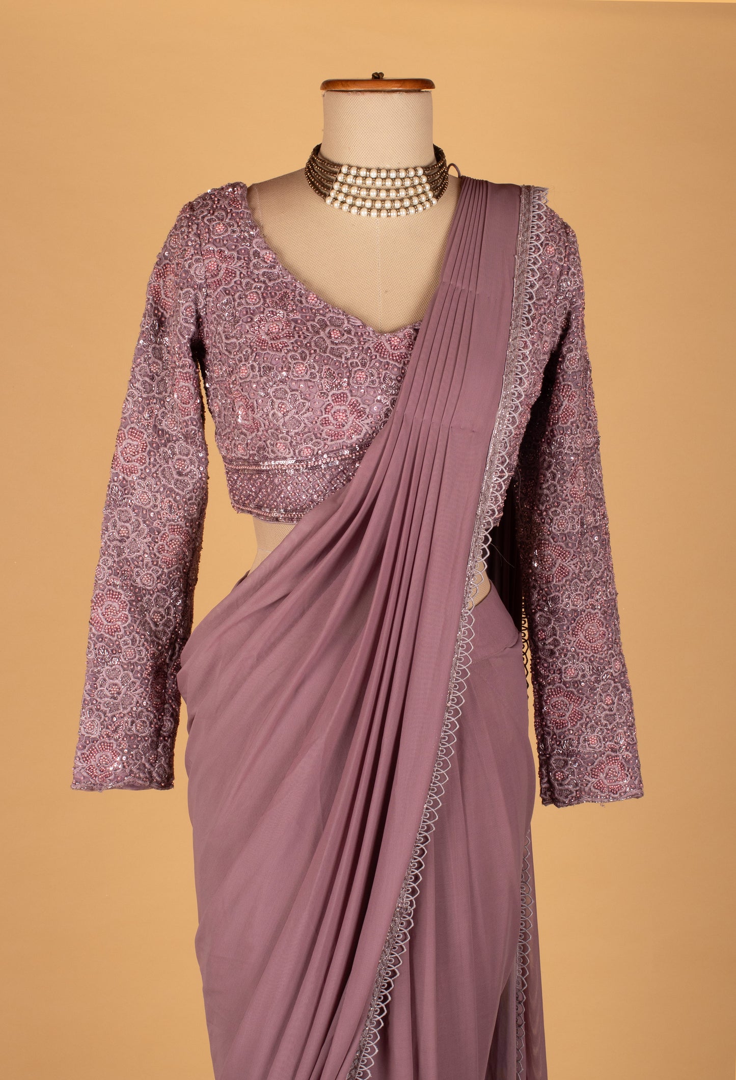 Mauve Embellished Drape Saree with Full-Sleeve Blouse – Elegant Ready-to-Wear Party & Wedding Saree