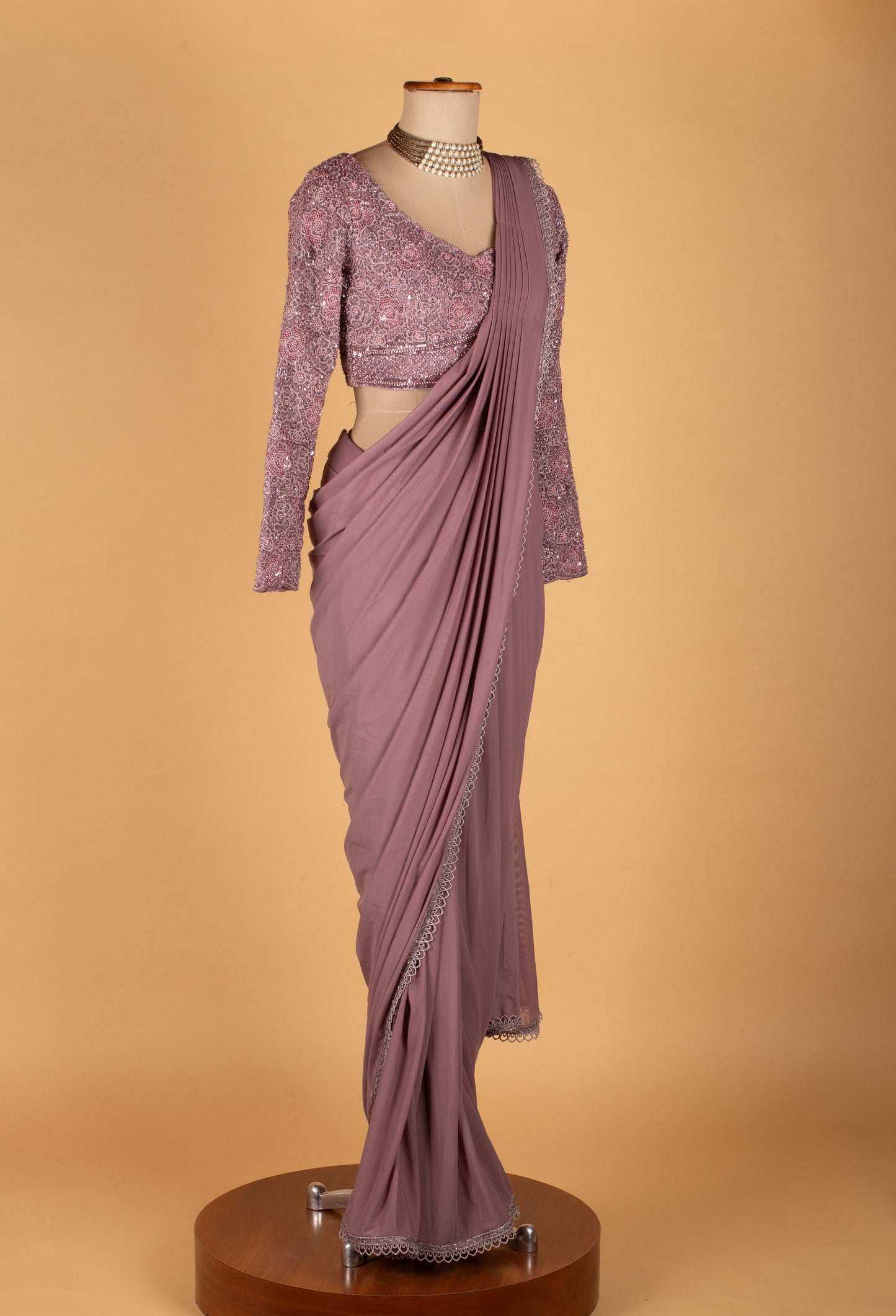 Mauve Embellished Drape Saree with Full-Sleeve Blouse – Elegant Ready-to-Wear Party & Wedding Saree