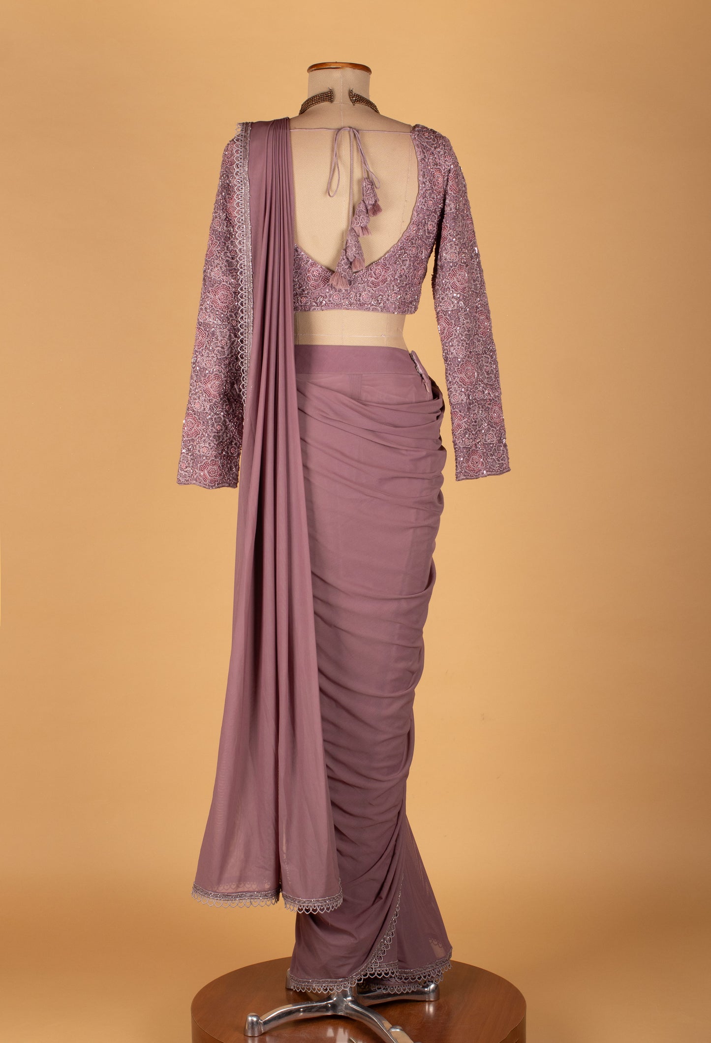 Mauve Embellished Drape Saree with Full-Sleeve Blouse – Elegant Ready-to-Wear Party & Wedding Saree