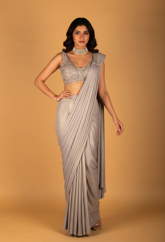 Silver Embellished Drape Saree with Sequined Blouse – Premium Ready-to-Wear Party & Cocktail Saree