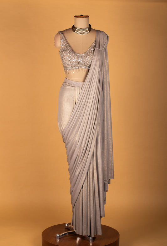 Silver embellished ready-to-wear drape saree with sequined blouse – product image 2
