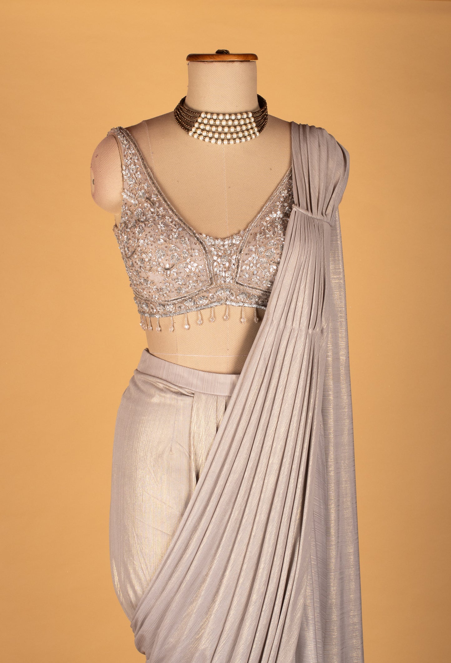 Silver Embellished Drape Saree with Sequined Blouse – Premium Ready-to-Wear Party & Cocktail Saree