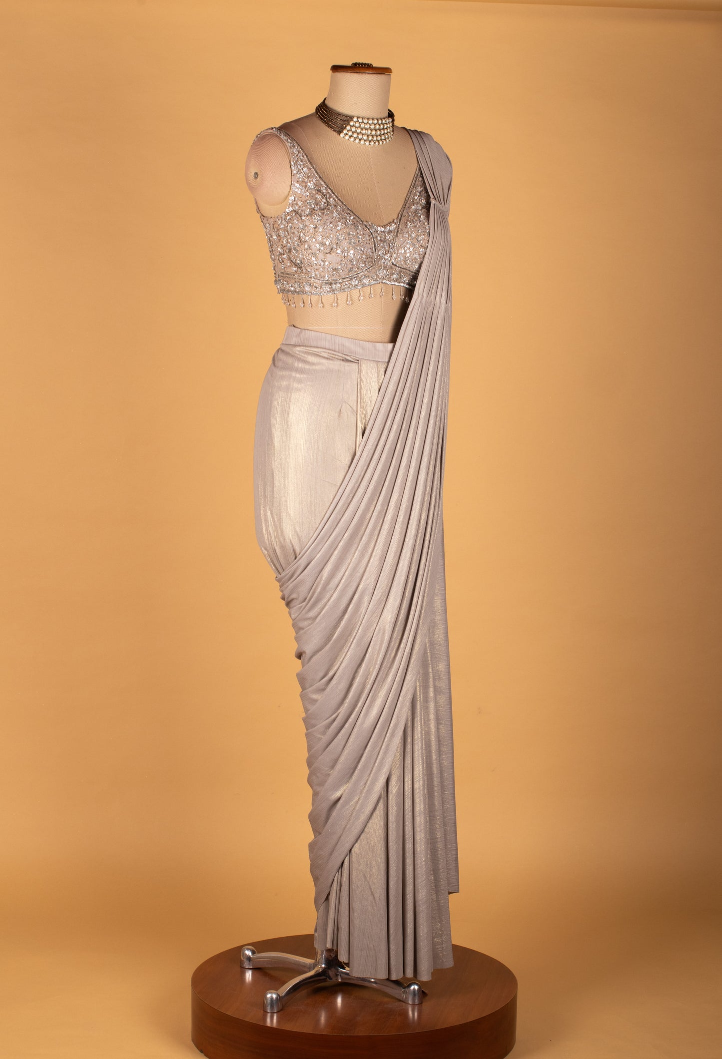 Silver Embellished Drape Saree with Sequined Blouse – Premium Ready-to-Wear Party & Cocktail Saree