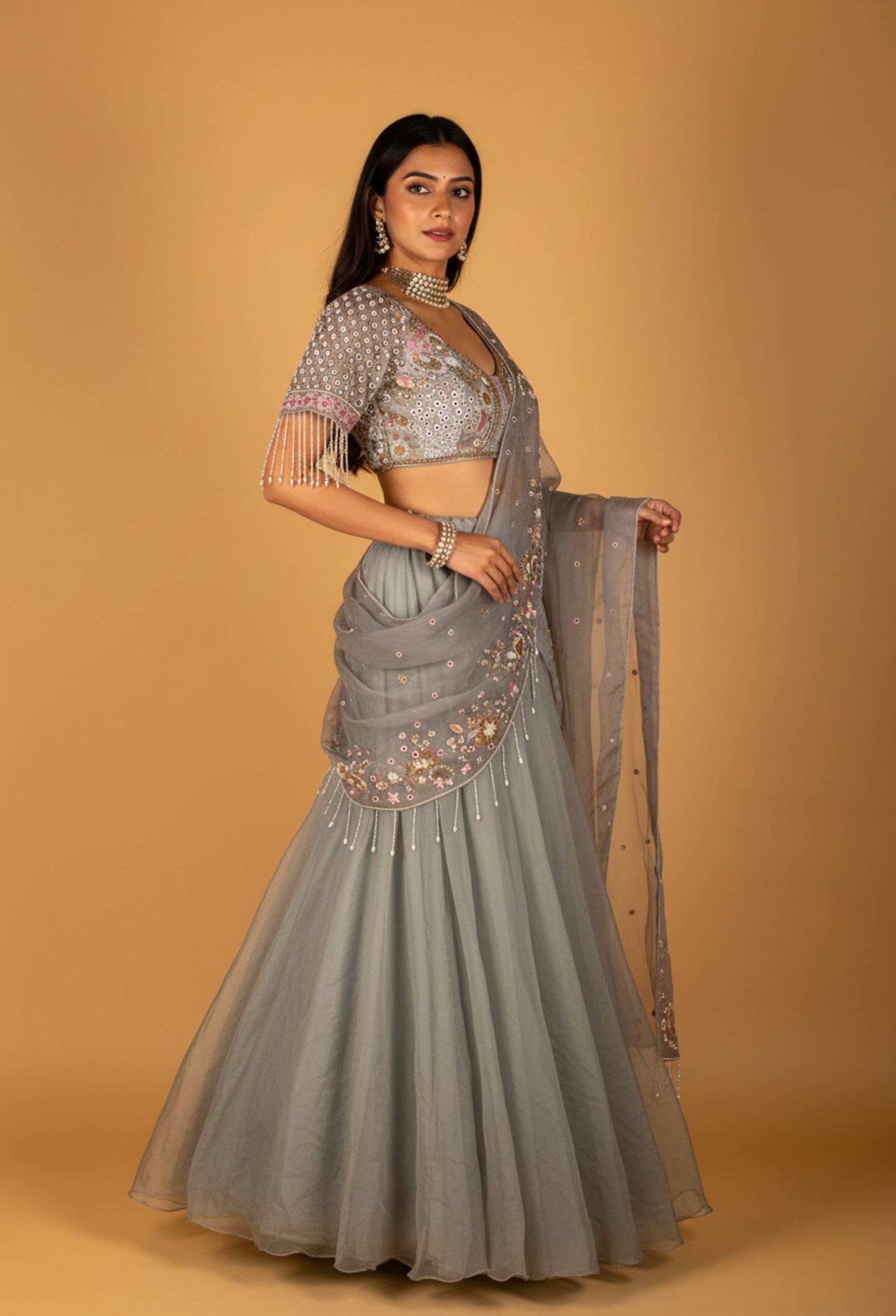 Grey Embroidered Drape Saree with Designer Blouse – Ready-to-Wear Party & Wedding Saree for Women