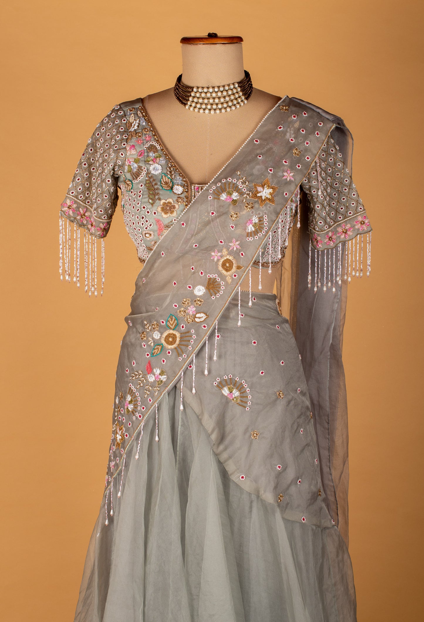 Grey Embroidered Drape Saree with Designer Blouse – Ready-to-Wear Party & Wedding Saree for Women