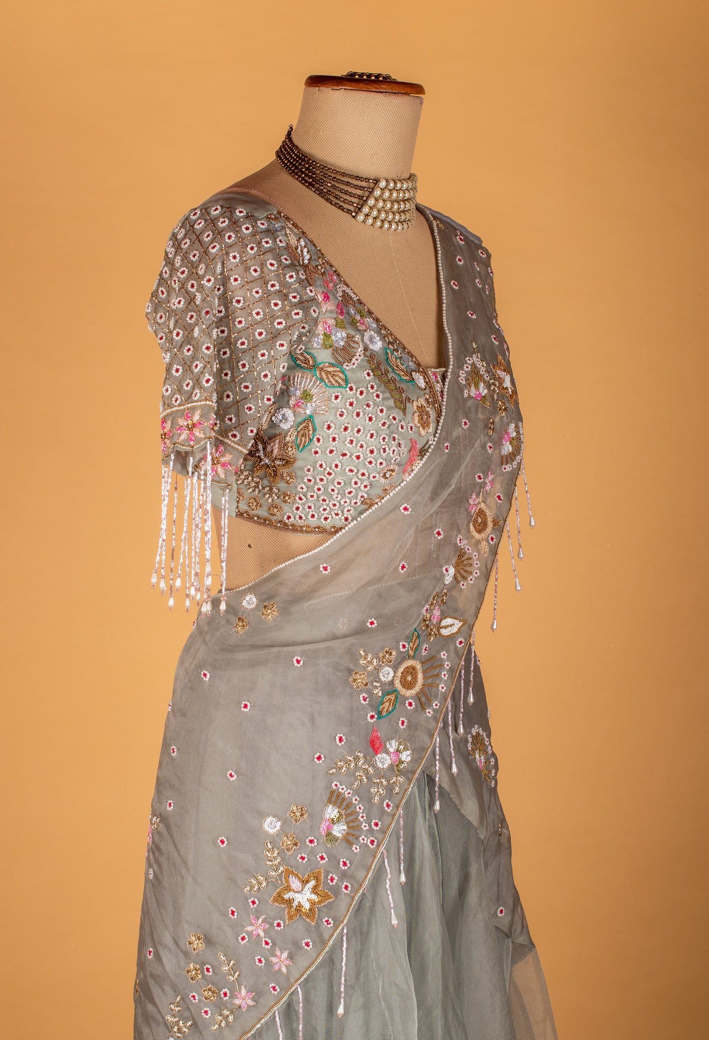 Grey Embroidered Drape Saree with Designer Blouse – Ready-to-Wear Party & Wedding Saree for Women