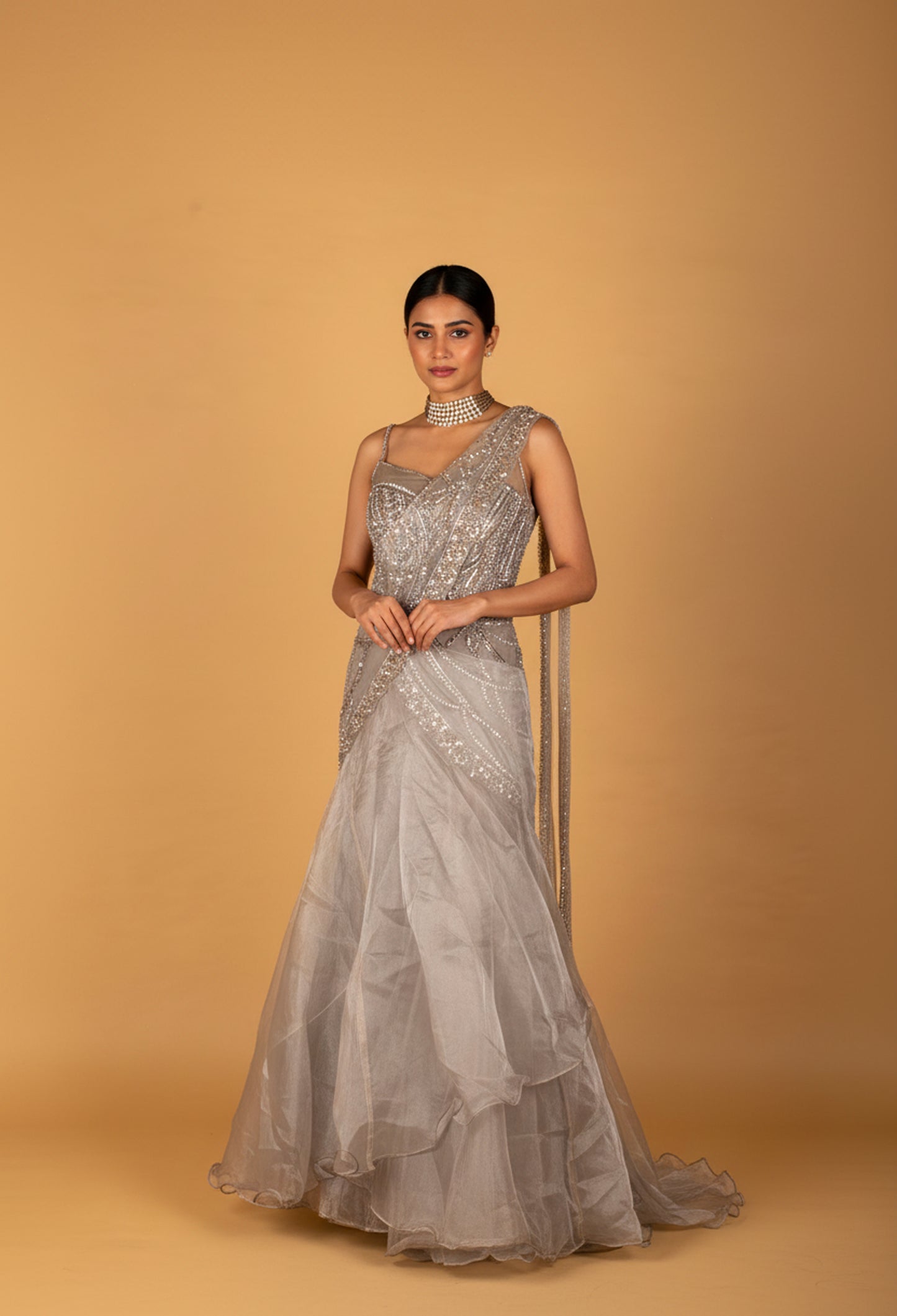 Champagne Embellished Drape Saree – Designer Ready-to-Wear Saree for Party & Reception