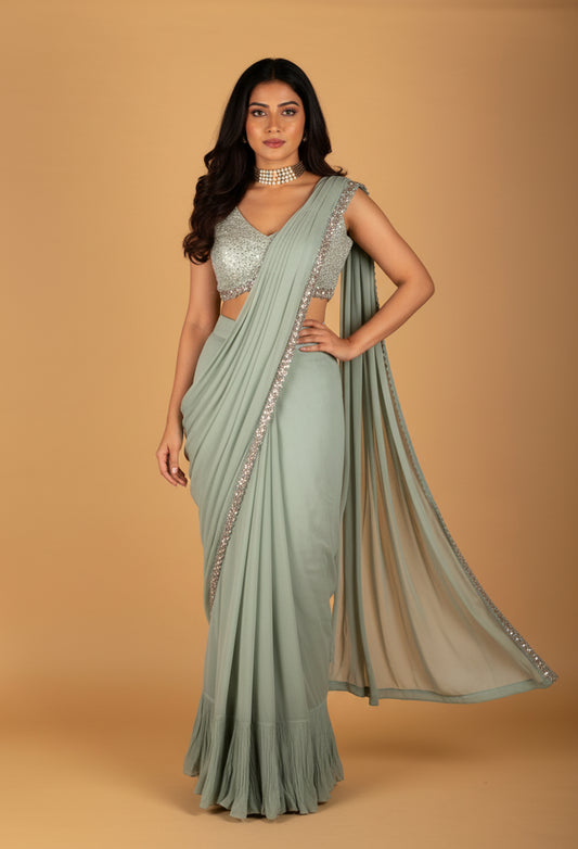 Sage Green Sequinned Drape Saree with Designer Blouse – Elegant Ready-to-Wear Party & Wedding Saree