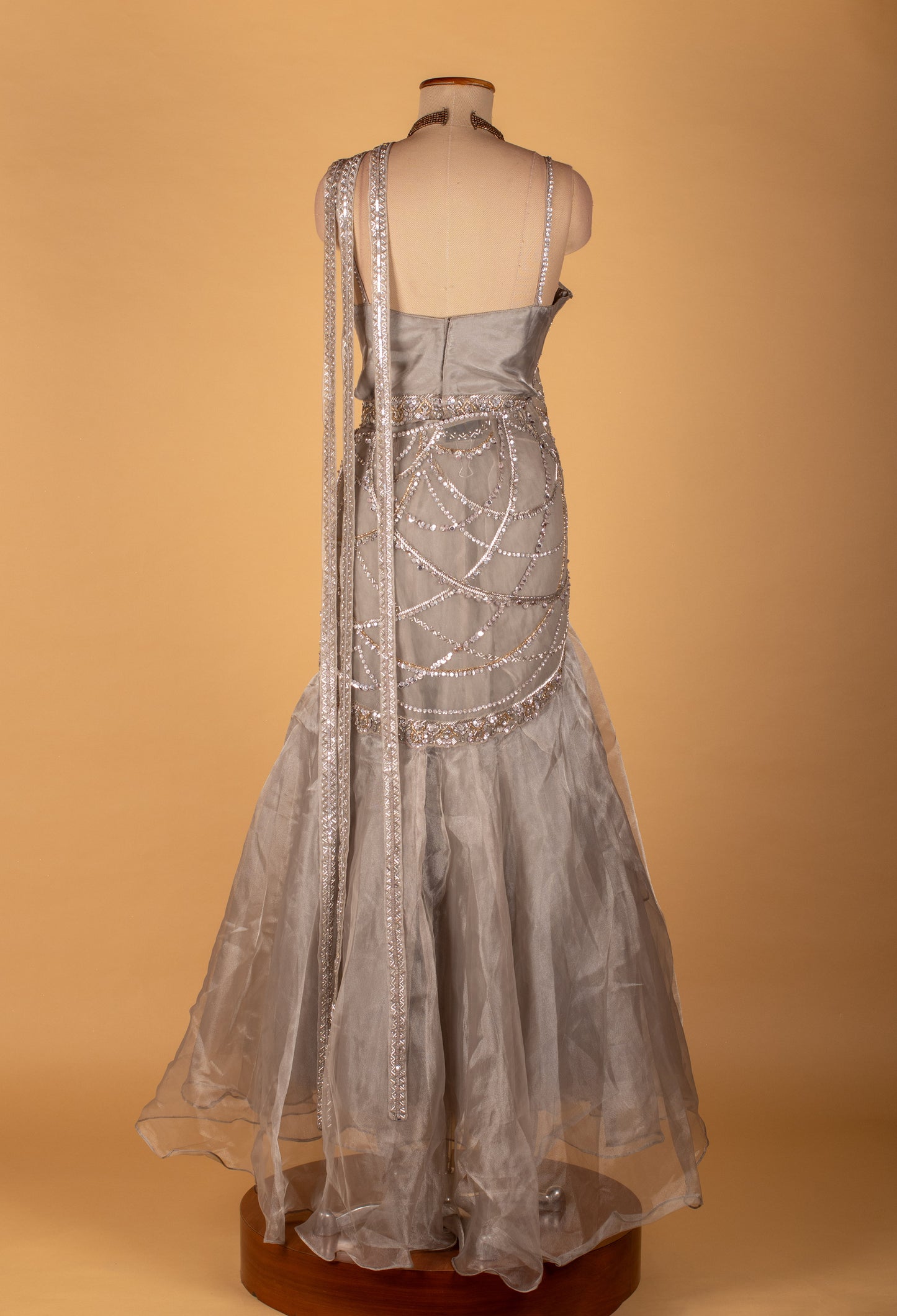 Champagne Embellished Drape Saree – Designer Ready-to-Wear Saree for Party & Reception