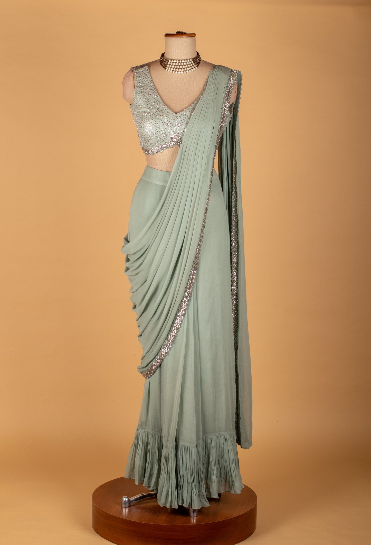 Sage Green Sequinned Drape Saree with Designer Blouse – Elegant Ready-to-Wear Party & Wedding Saree