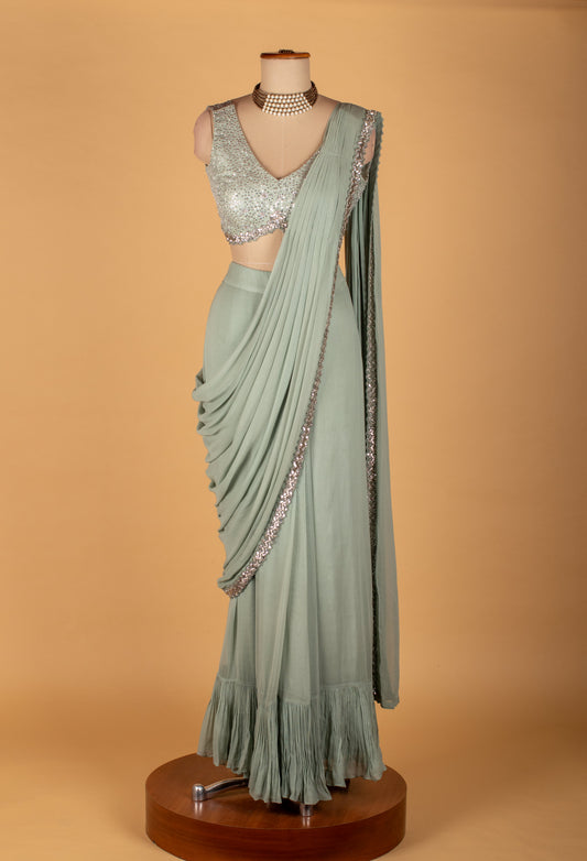 Sage green sequined drape saree with designer blouse – product image 2