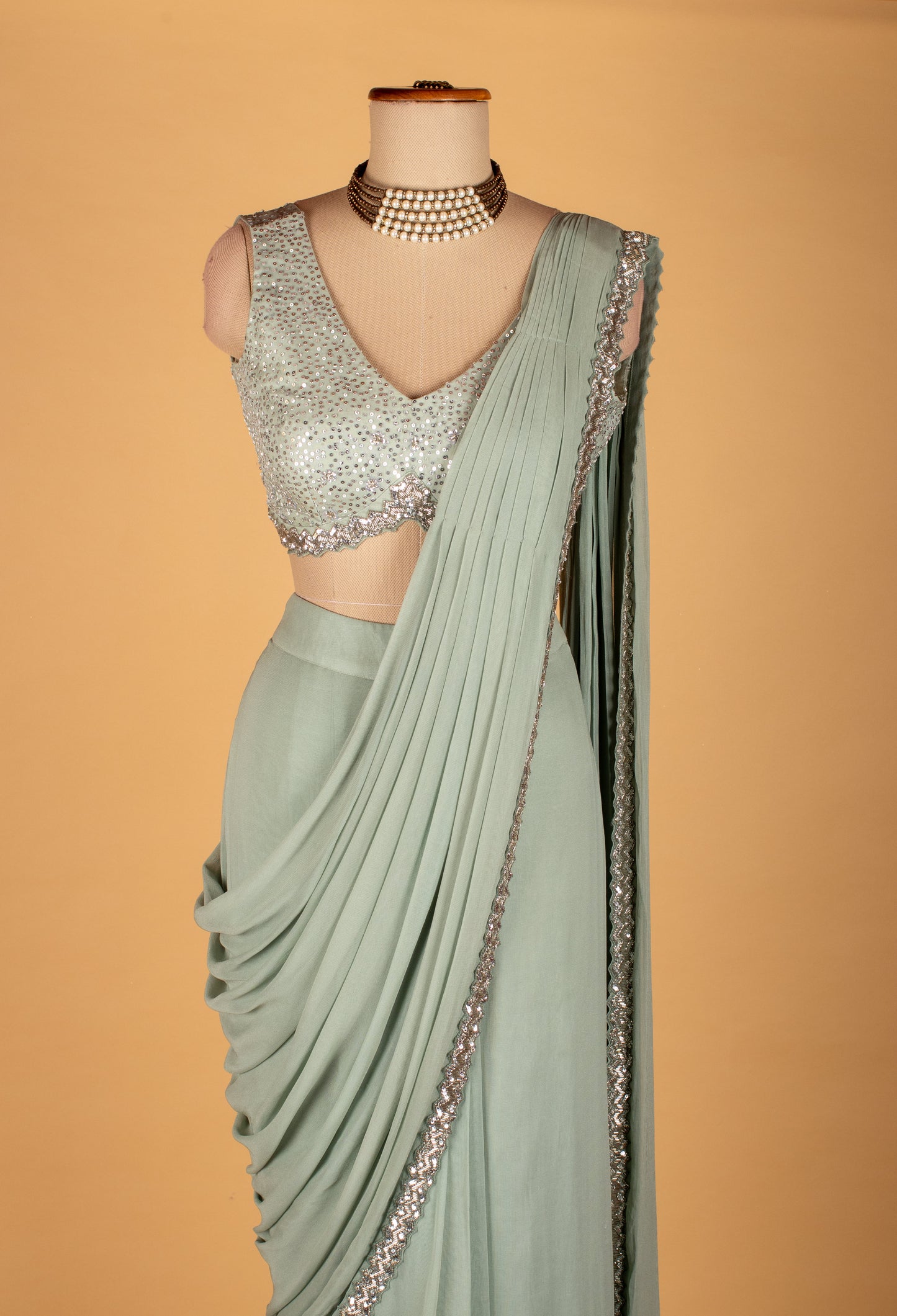 Sage Green Sequinned Drape Saree with Designer Blouse – Elegant Ready-to-Wear Party & Wedding Saree