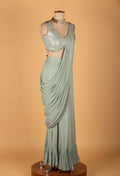 Sage Green Sequinned Drape Saree with Designer Blouse – Elegant Ready-to-Wear Party & Wedding Saree
