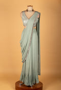 Sage Green Sequinned Drape Saree with Designer Blouse – Elegant Ready-to-Wear Party & Wedding Saree