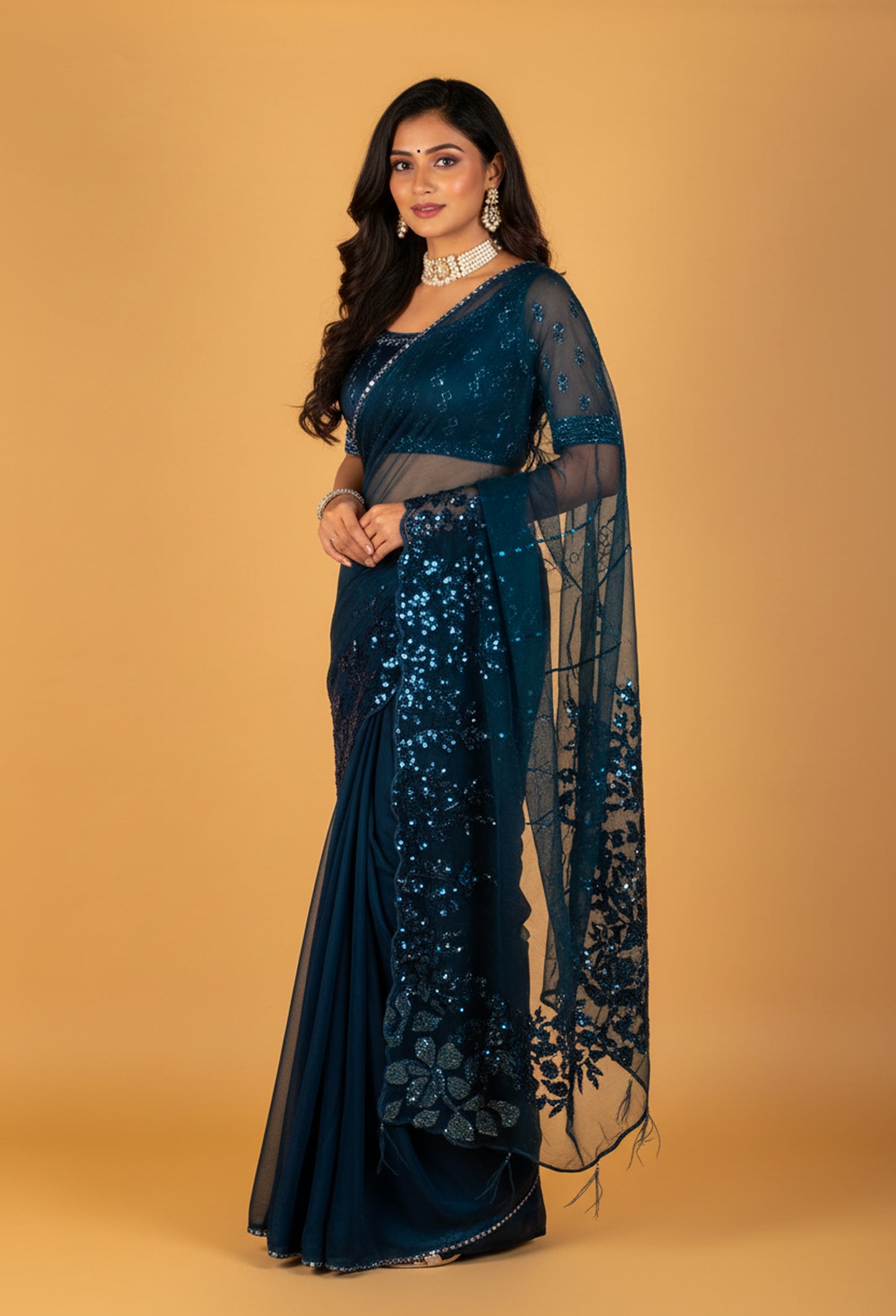 Teal Blue Embellished Drape Saree with Sequin Work & Designer Blouse – Premium Party & Sangeet Wear
