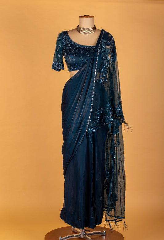 Teal blue embellished drape saree with sequin work and designer blouse – product image 2