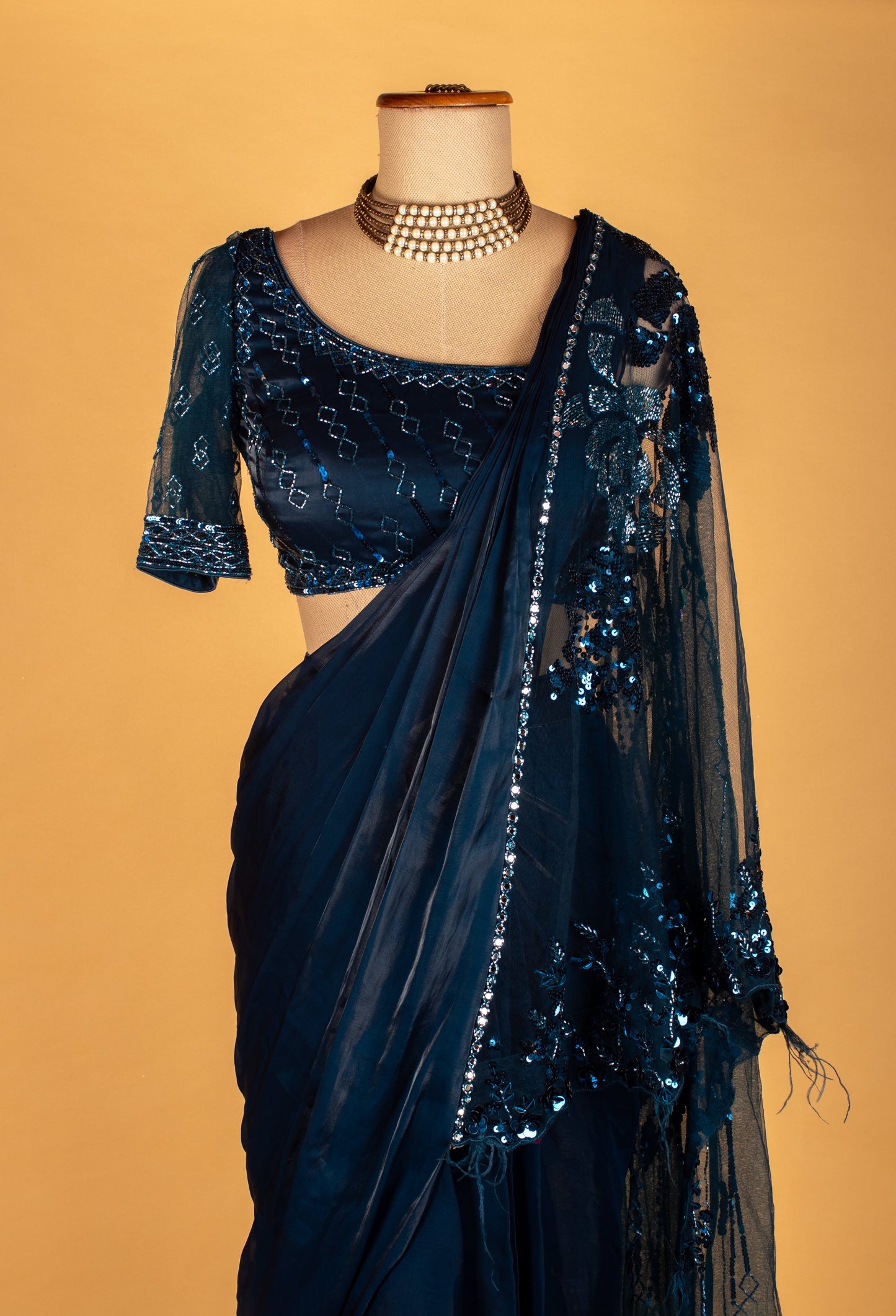 Teal Blue Embellished Drape Saree with Sequin Work & Designer Blouse – Premium Party & Sangeet Wear