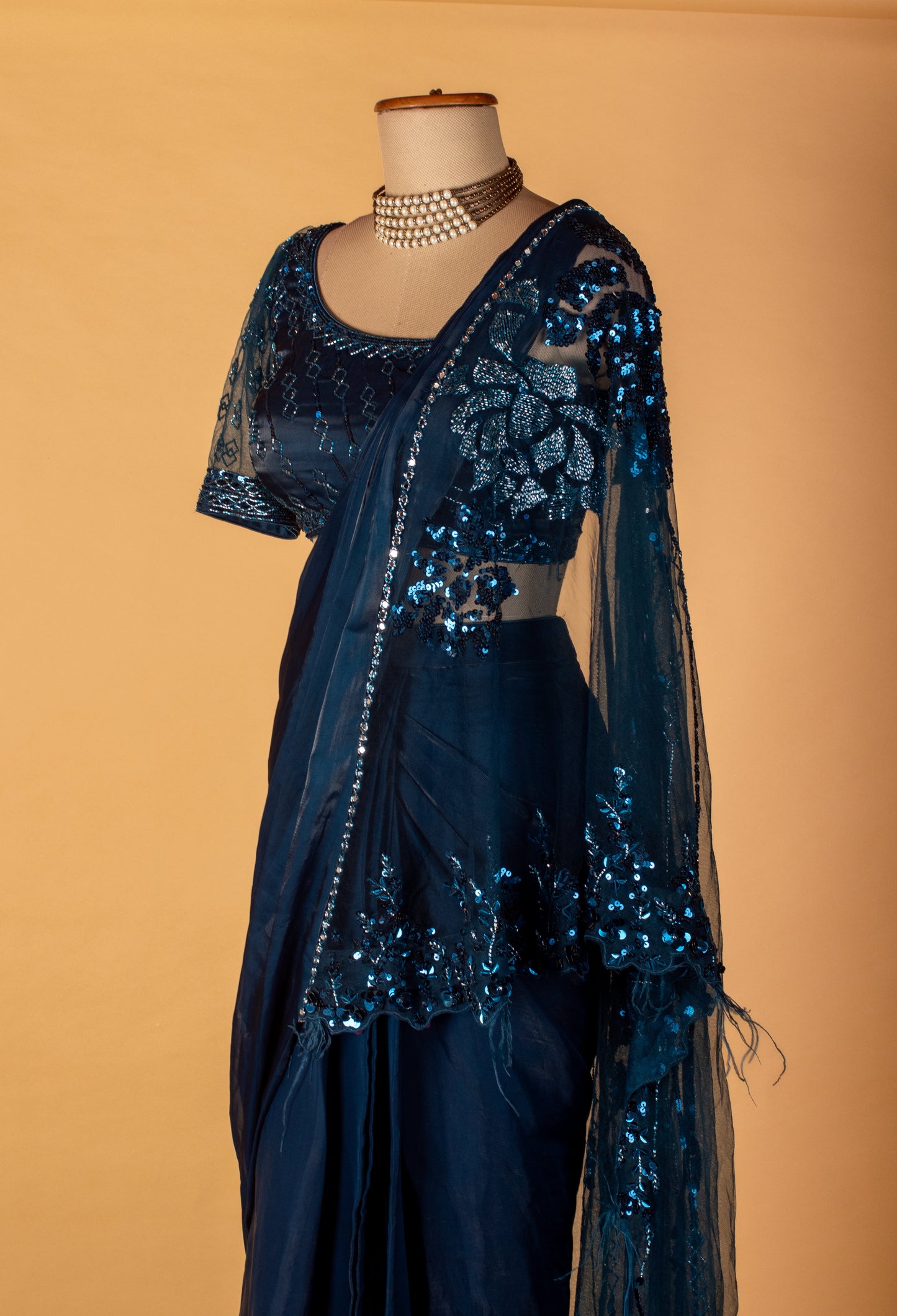 Teal Blue Embellished Drape Saree with Sequin Work & Designer Blouse – Premium Party & Sangeet Wear