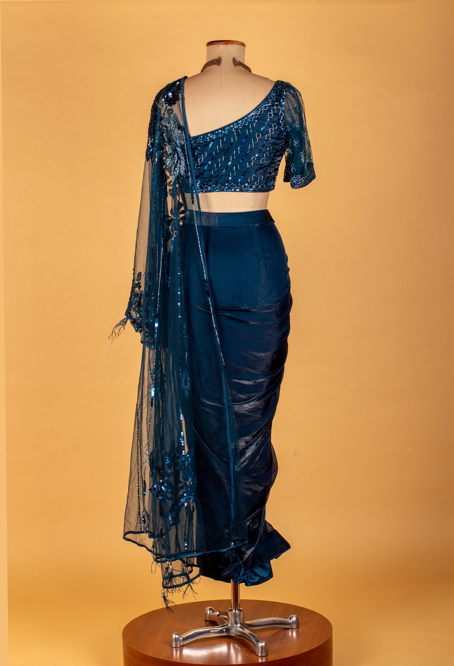 Teal Blue Embellished Drape Saree with Sequin Work & Designer Blouse – Premium Party & Sangeet Wear