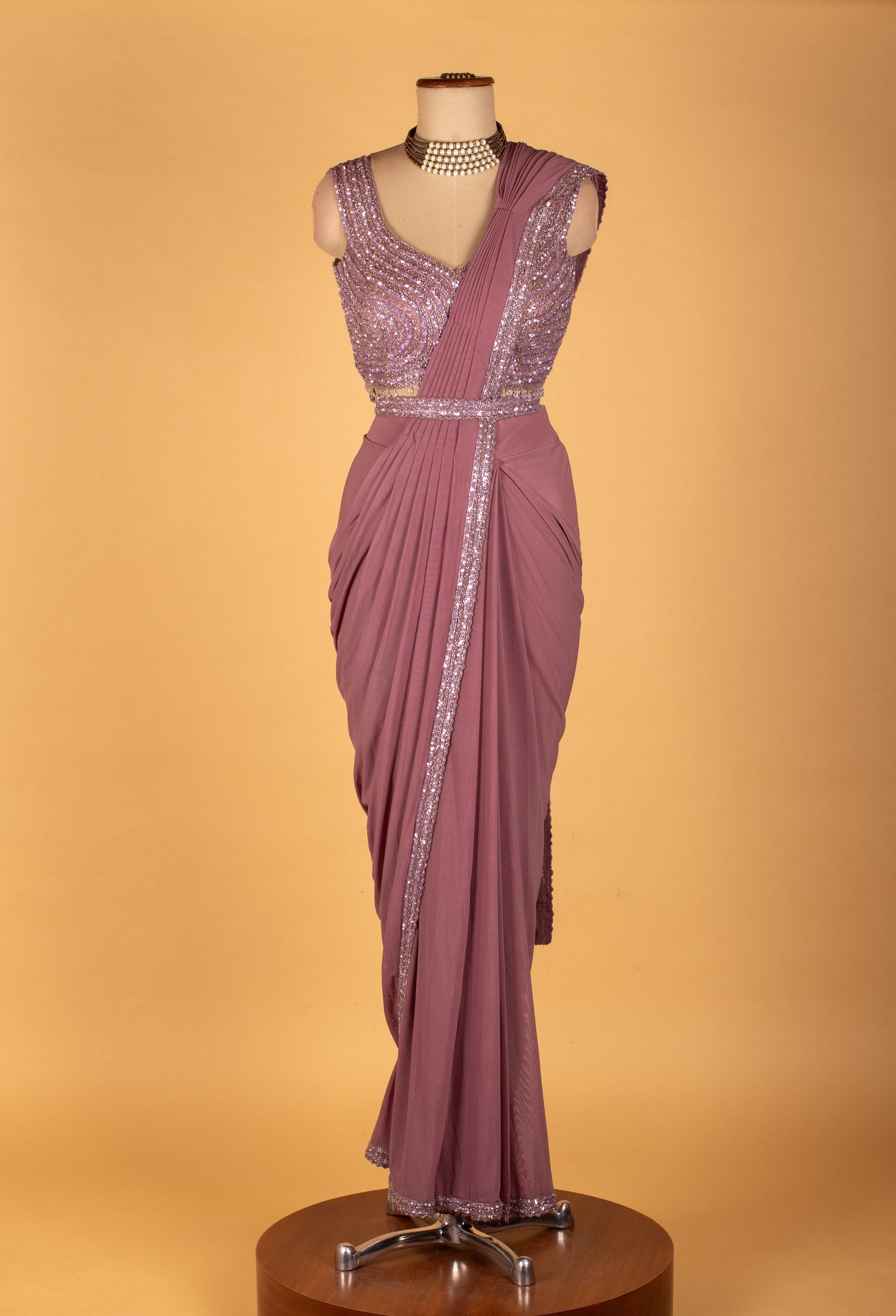 Dusty Rose Embellished Drape Saree with Designer Sequined Blouse – Ready-to-Wear Party & Cocktail Saree
