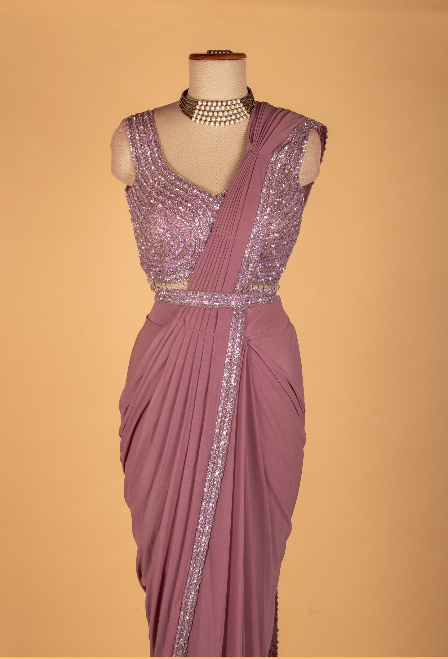 Dusty Rose Embellished Drape Saree with Designer Sequined Blouse – Ready-to-Wear Party & Cocktail Saree