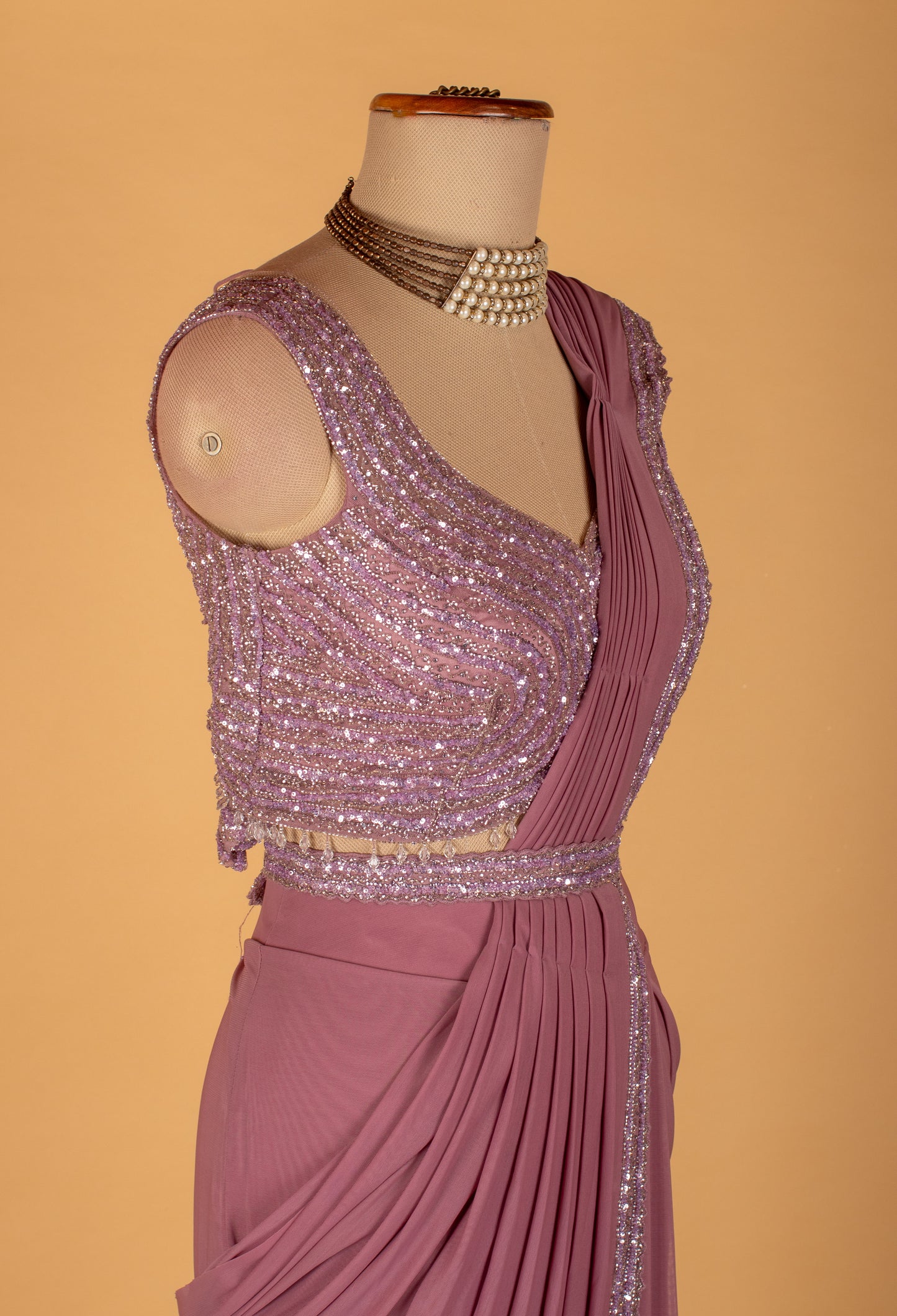 Dusty Rose Embellished Drape Saree with Designer Sequined Blouse – Ready-to-Wear Party & Cocktail Saree