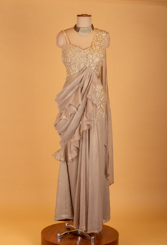 Champagne ruffle drape saree with heavy handwork blouse – product image 2