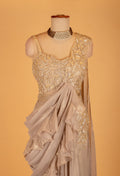 Champagne Ruffle Drape Saree with Heavy Handwork Blouse – Premium Ready-to-Wear Cocktail & Wedding Saree