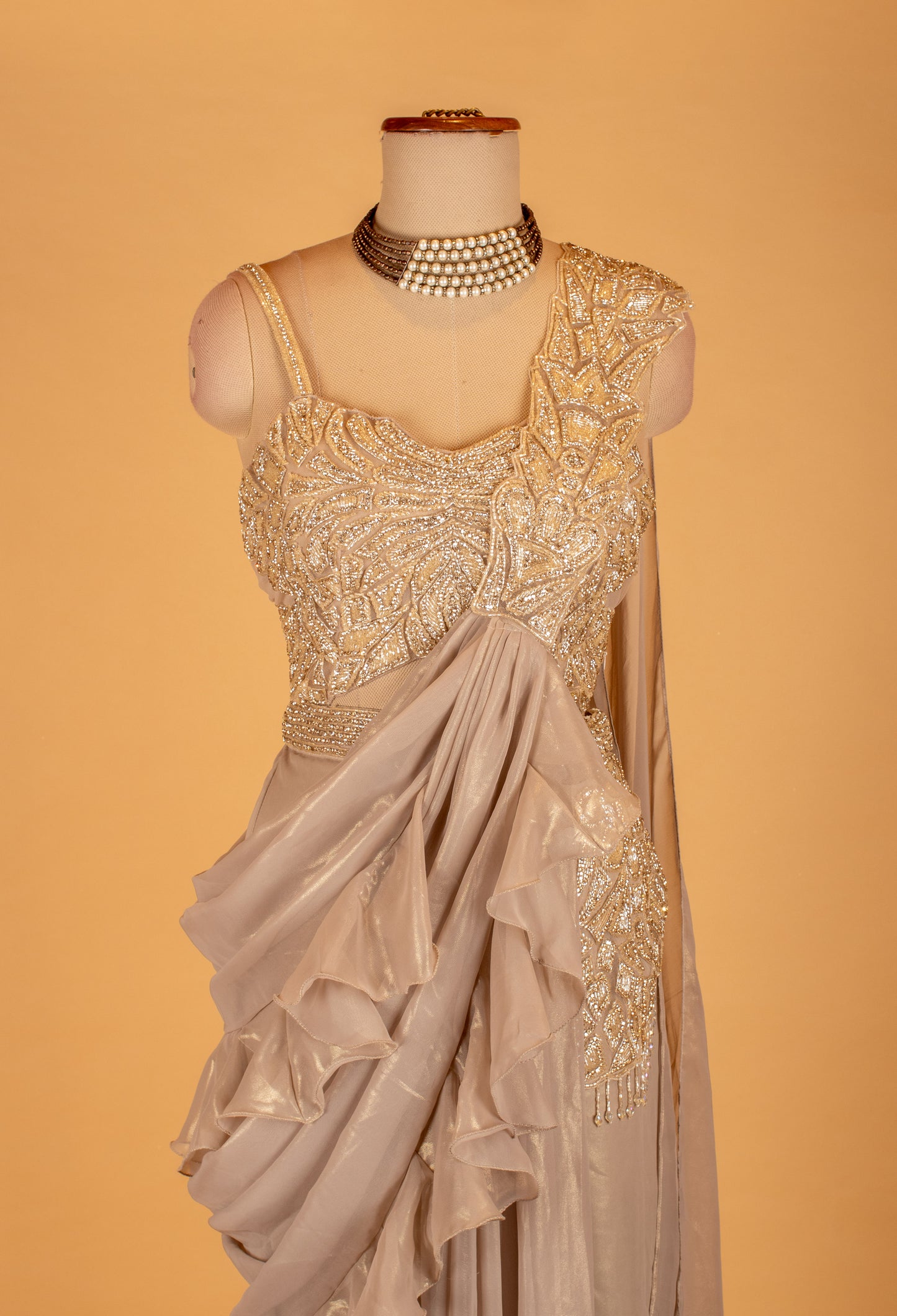 Champagne Ruffle Drape Saree with Heavy Handwork Blouse – Premium Ready-to-Wear Cocktail & Wedding Saree