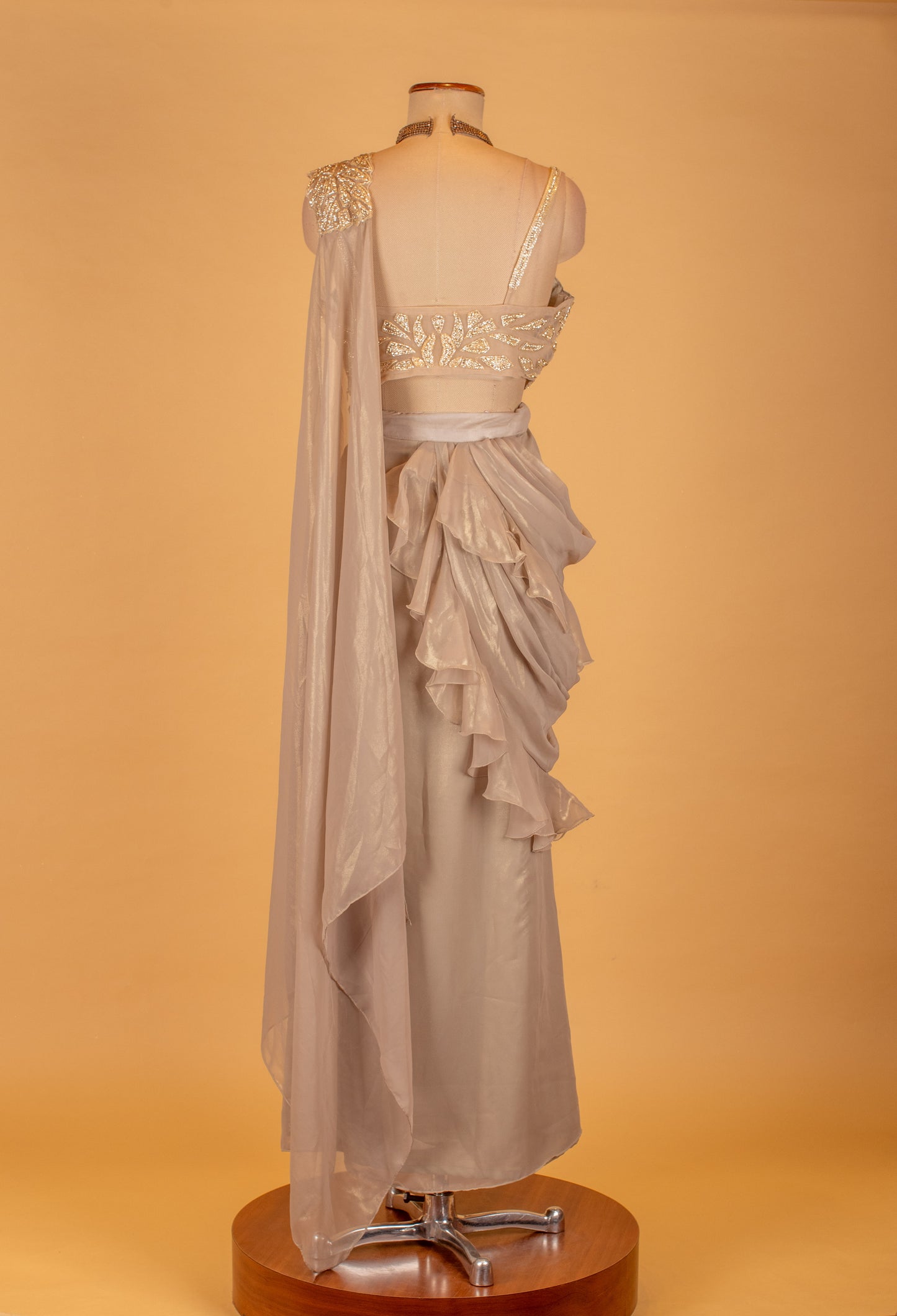 Champagne Ruffle Drape Saree with Heavy Handwork Blouse – Premium Ready-to-Wear Cocktail & Wedding Saree