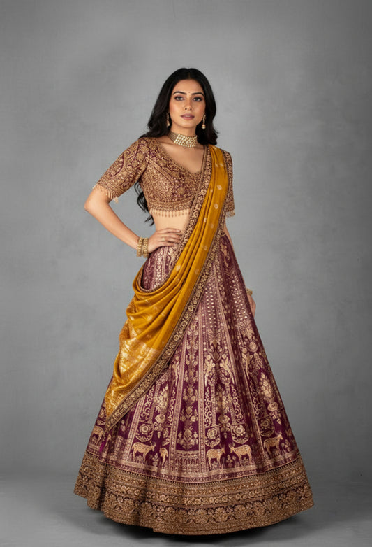 Maroon & Mustard Velvet Bridal Lehenga Set with Heavy Zardosi and Heritage Motif Embroidery