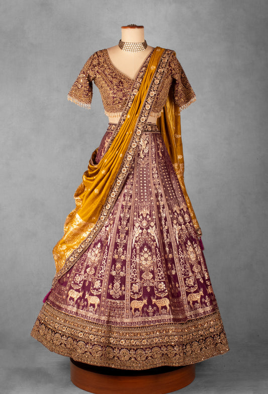 Maroon and mustard velvet bridal lehenga with heritage embroidery – product image 2