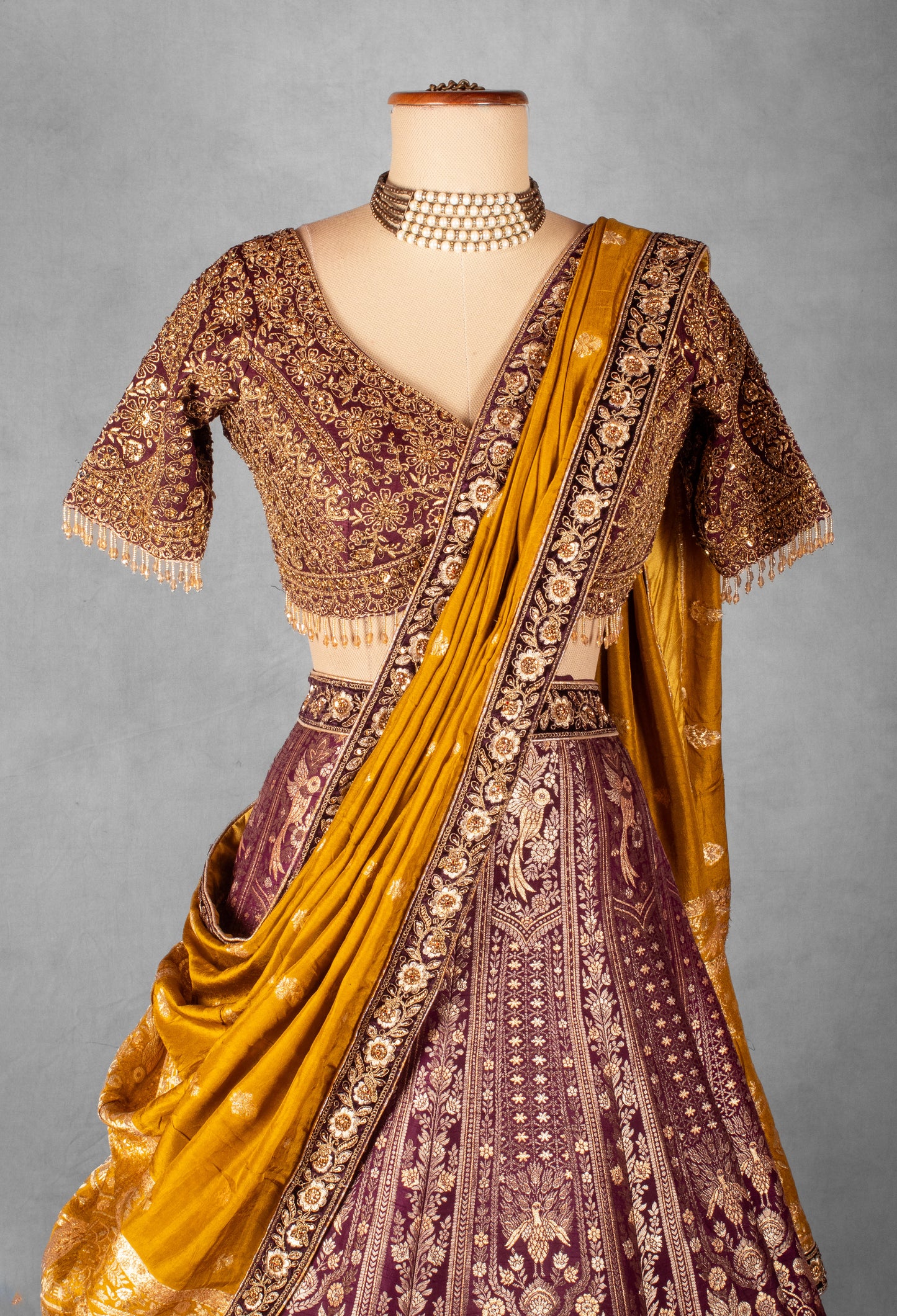 Maroon & Mustard Velvet Bridal Lehenga Set with Heavy Zardosi and Heritage Motif Embroidery