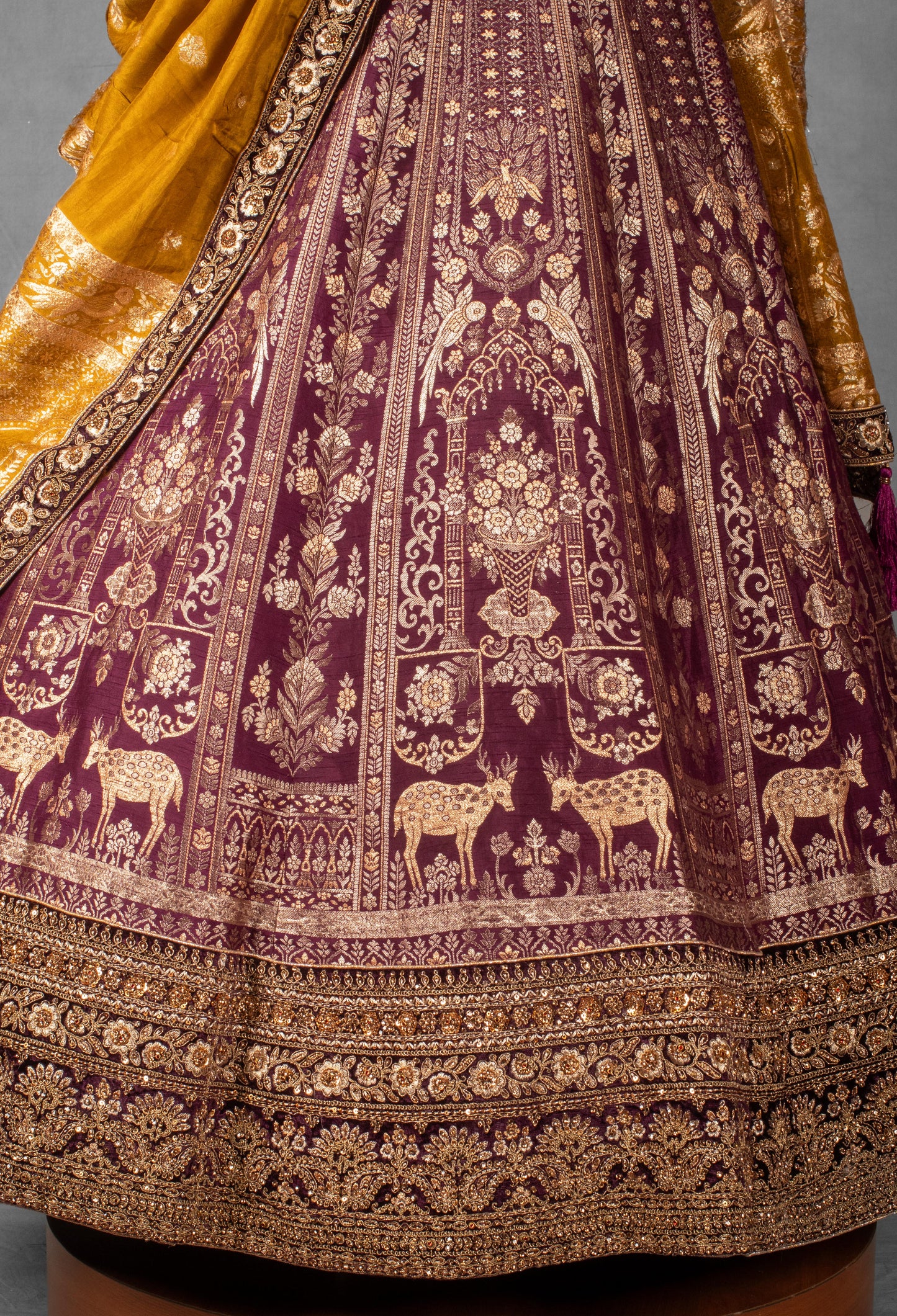Maroon & Mustard Velvet Bridal Lehenga Set with Heavy Zardosi and Heritage Motif Embroidery