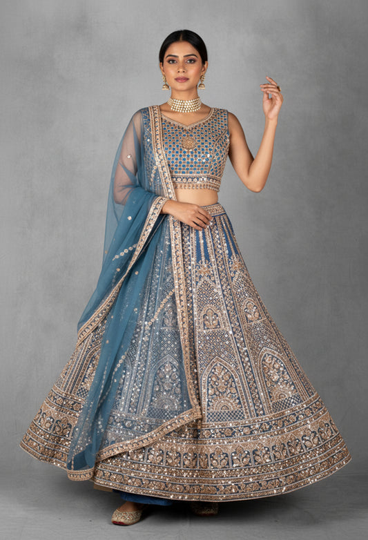 Powder Blue Heavy Embroidered Bridal Lehenga Set with Mirror Work Blouse & Net Dupatta | Designer Wedding Wear